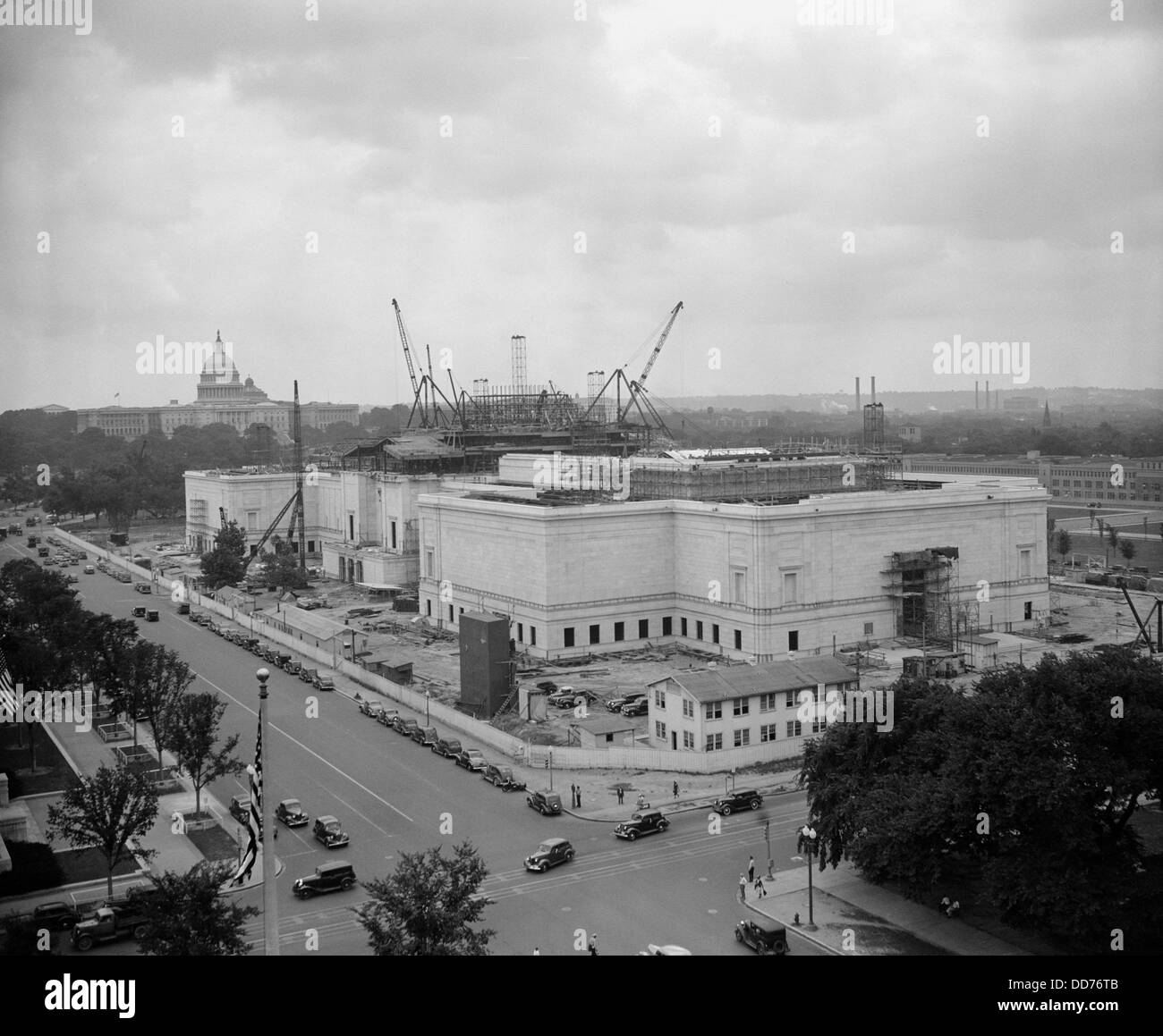 Construction of National Gallery of Art, Washington, D.C., ca. 1939. In 1937, Andrew Mellon donated his art collection, plus Stock Photo