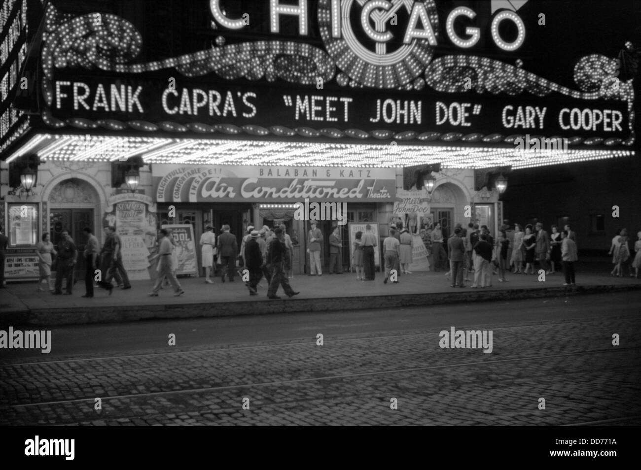 Chicago movie theater showing Frank Capra's, 'Meet John Doe', starring Gary Cooper, July 1941. Photo by John Vachon. Stock Photo