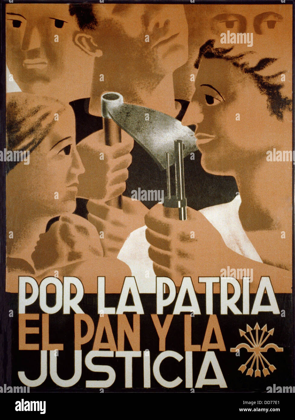 FOR THE HOMELAND, BREAD AND JUSTICE. Spanish Civil War poster presenting Nationalist propaganda. Image is a collage of stylized Stock Photo