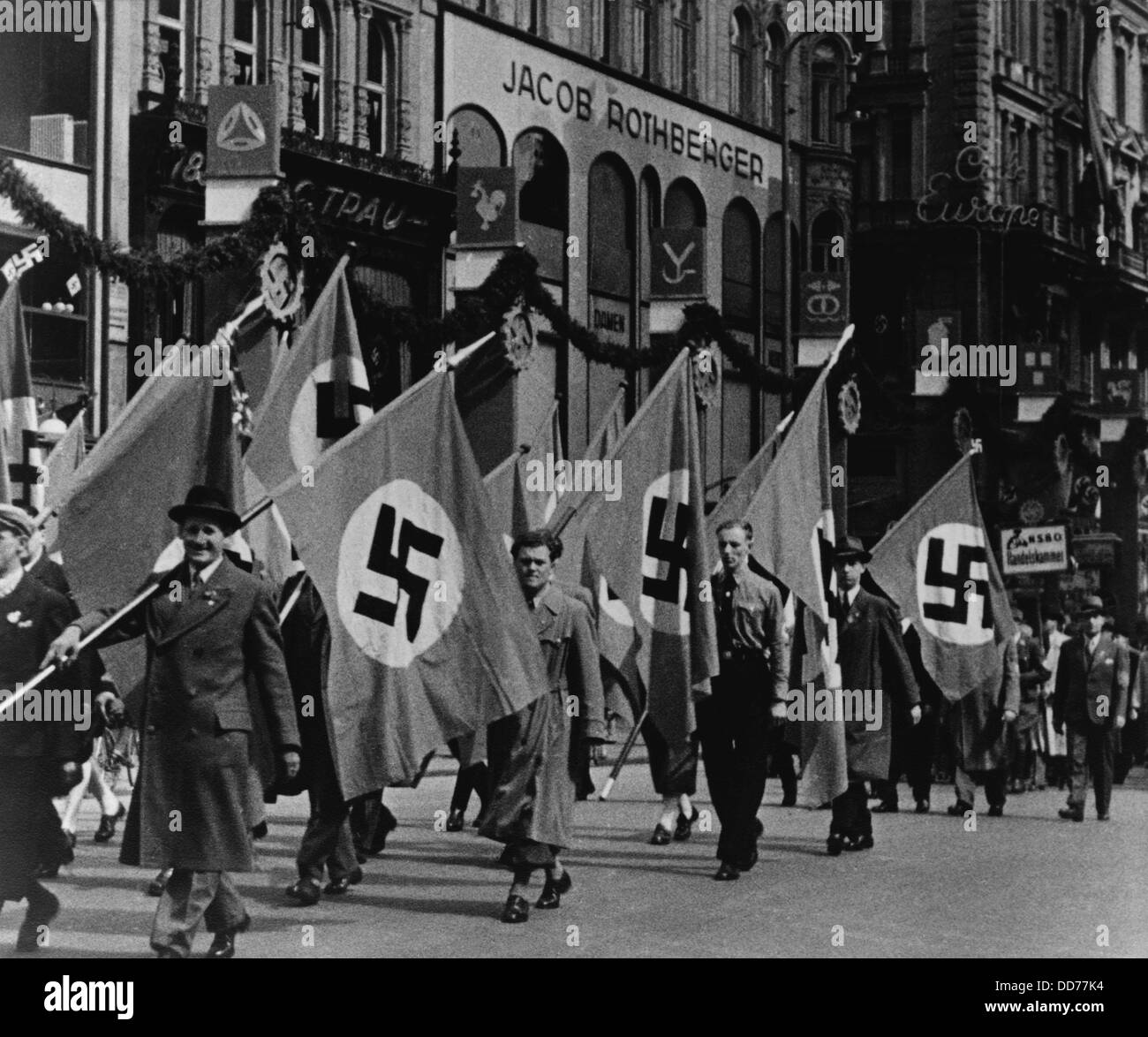 Nazis parade in Vienna, Austria, on May Day, 1938. The Anschluss with Nazi Germany violated of the Treaty of Versailles. It was Stock Photo