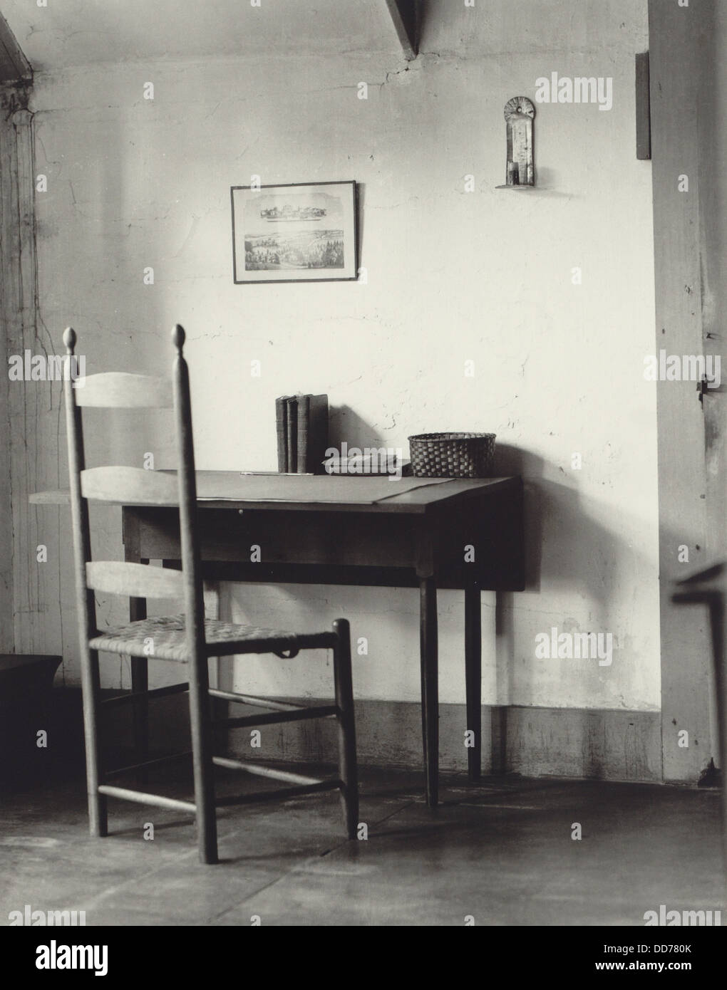 Shaker sewing table and chair at the Hancock Shaker Village near Pittsfield, Massachusetts. 1935 photo by Samuel Kravitt was Stock Photo