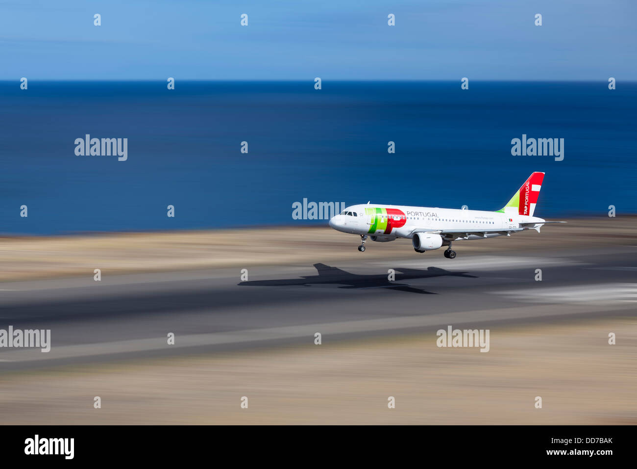 Portugal, Madeira, View of Airbus aeroplane landing at airport Stock Photo