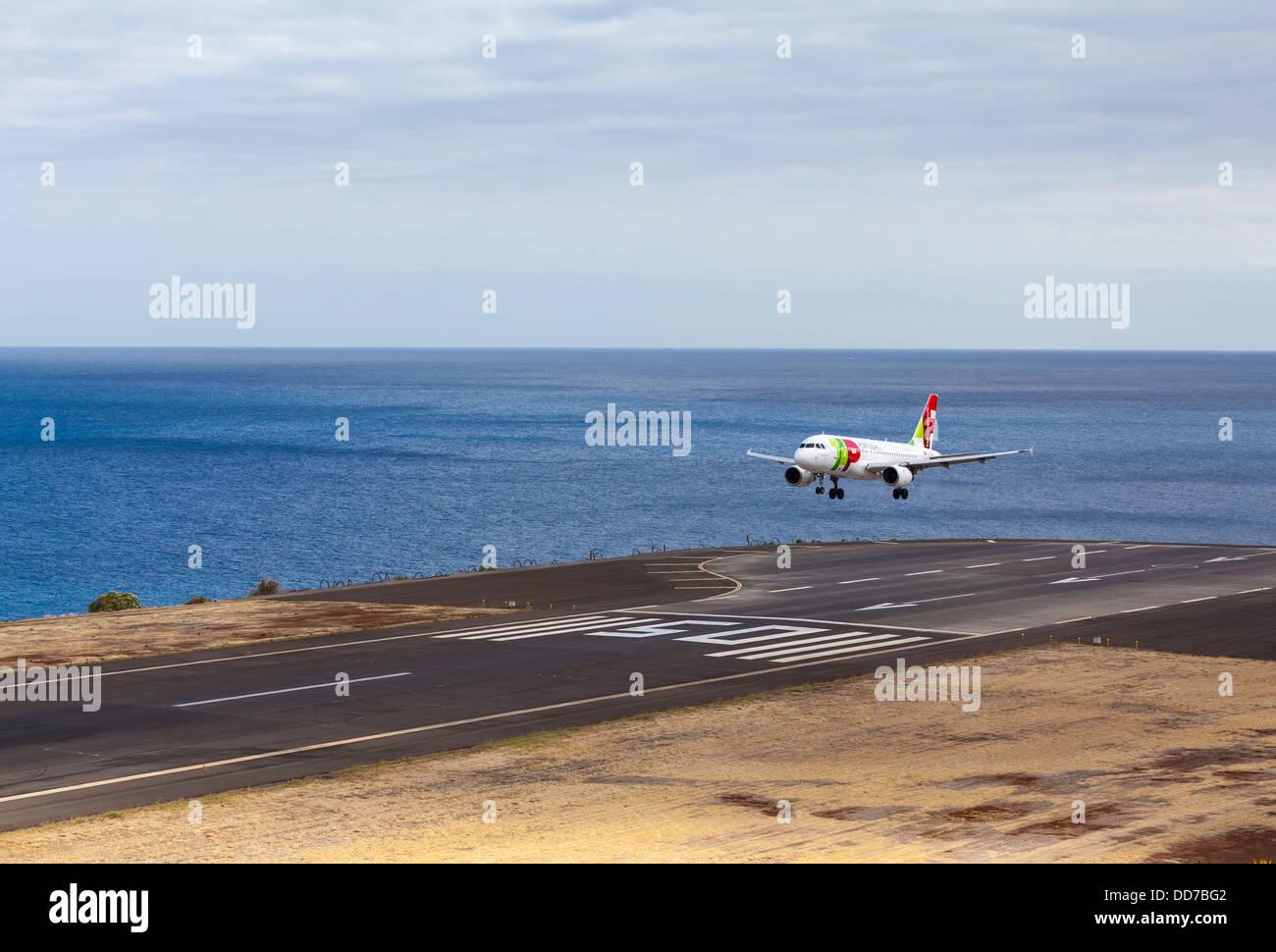 Portugal, Madeira, View of Airbus aeroplane landing at airport Stock Photo