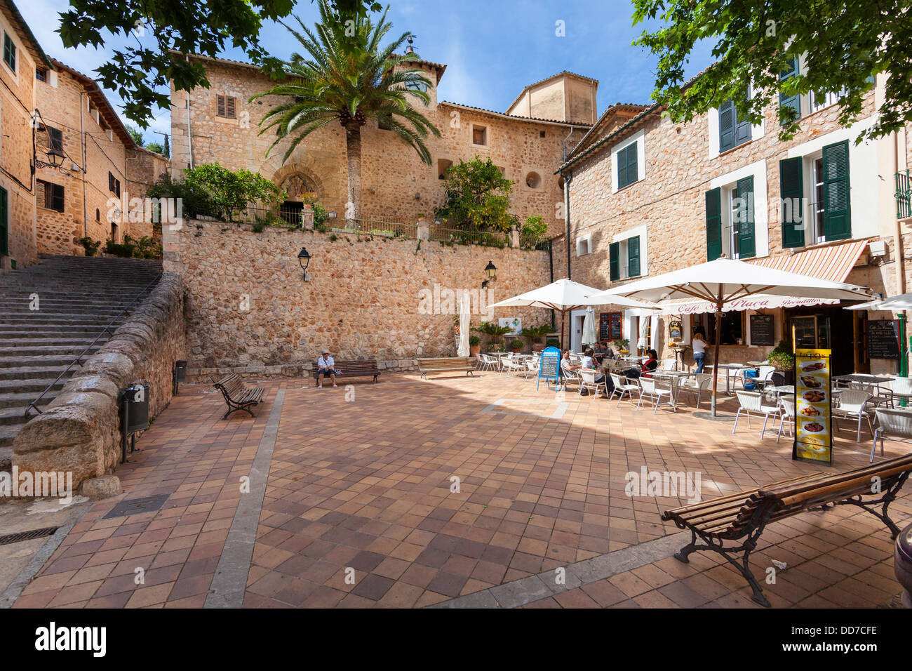 Spain, Majorca, Fornalutx, Pavement Cafe Stock Photo