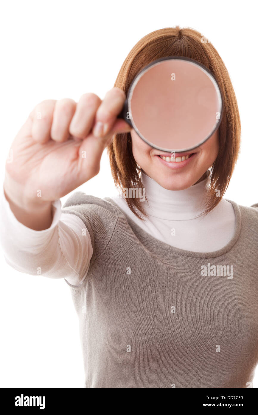 Portrait woman, Magnifying glass, isolated on a white background Stock Photo