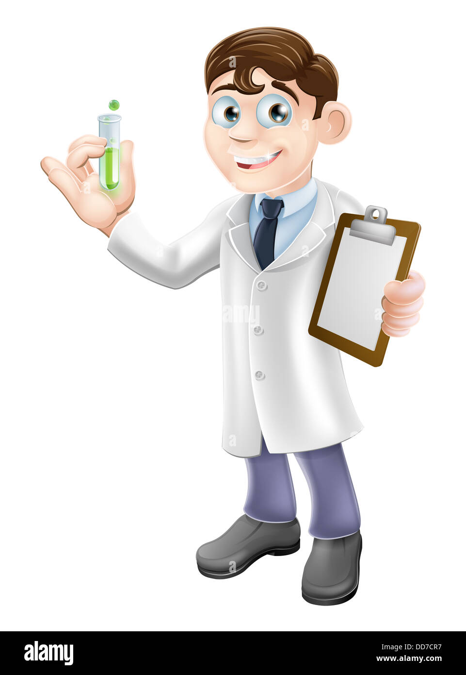 An illustration of a cartoon scientist holding a test tube and clipboard in a white lab coat performing an experiment Stock Photo