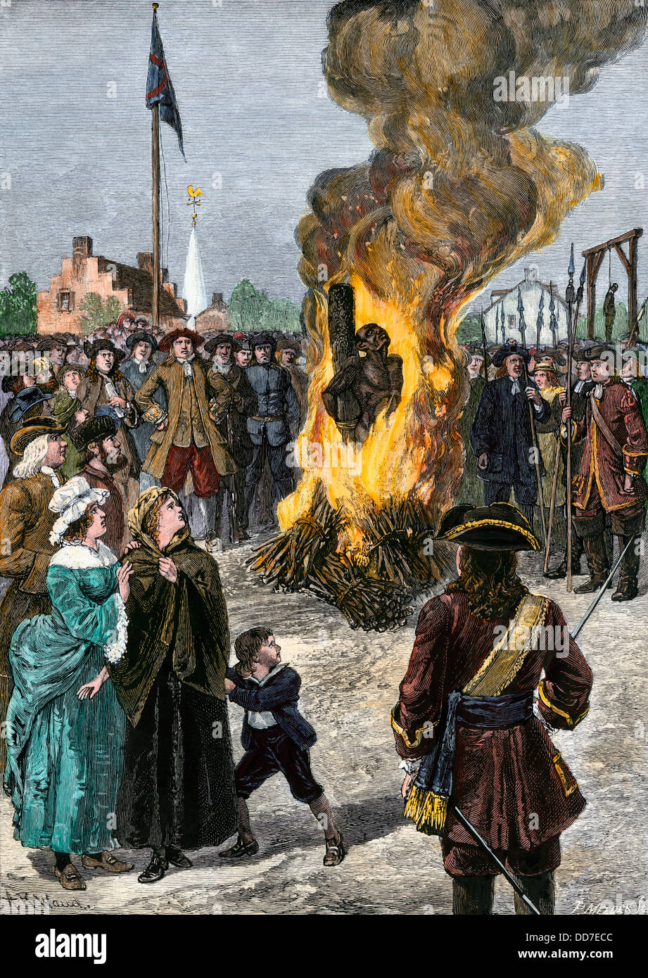 Colonists burning a Negro slave at the stake in New York, 1741. Hand-colored woodcut Stock Photo