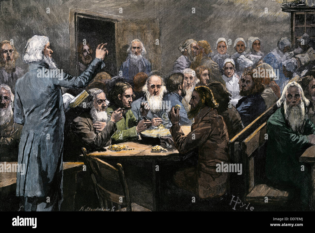 Love-feast among the Dunker brethren of Pennsylvania, 1800s. Hand-colored woodcut of a Howard Pyle illustration Stock Photo