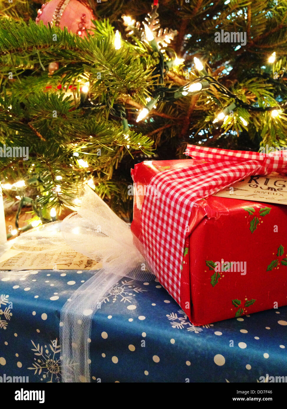 Close up of presents under Christmas tree - Smartphone Captured Stock Image