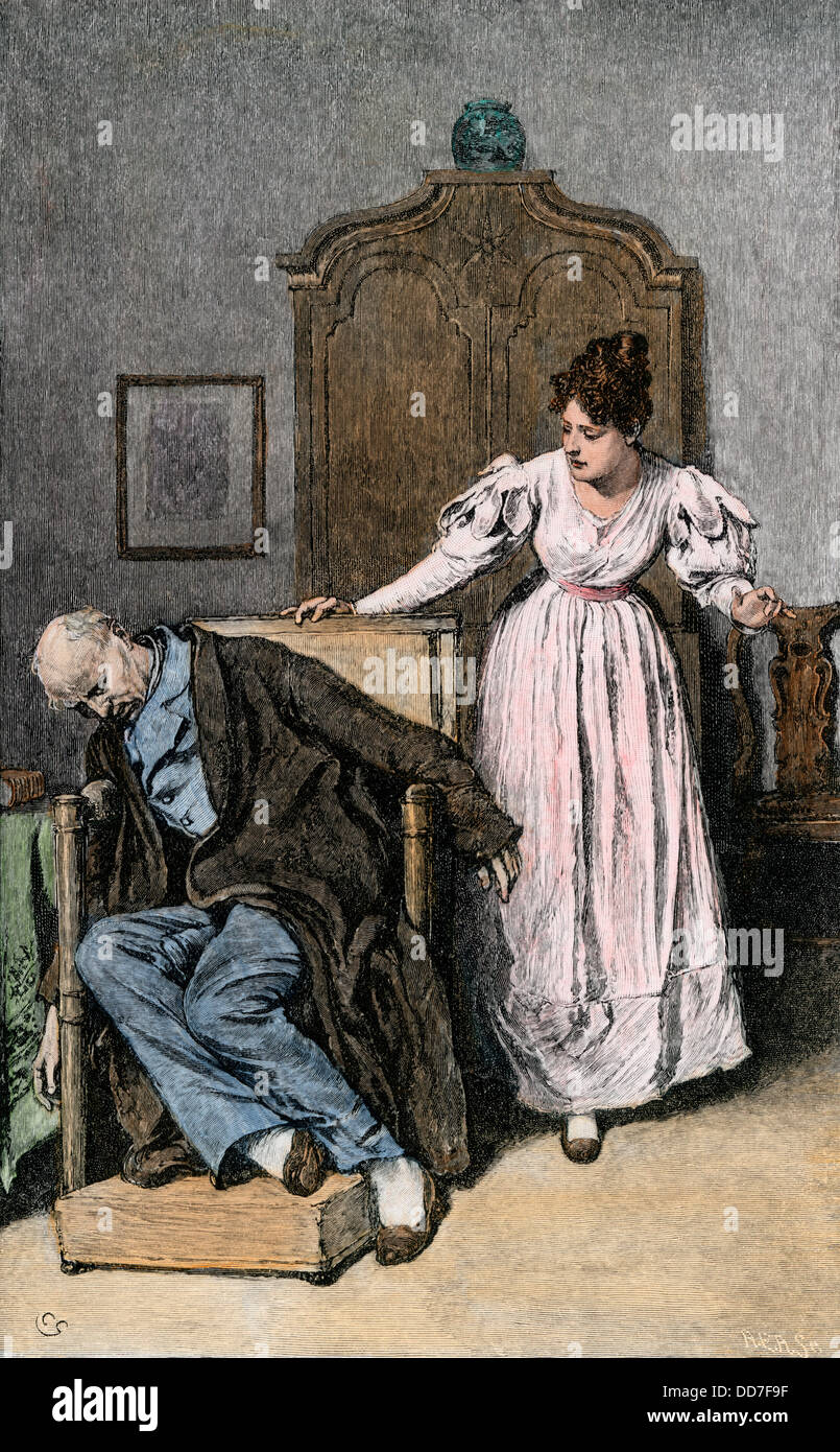 Woman discovering a dead man in a chair. Hand-colored woodcut Stock Photo