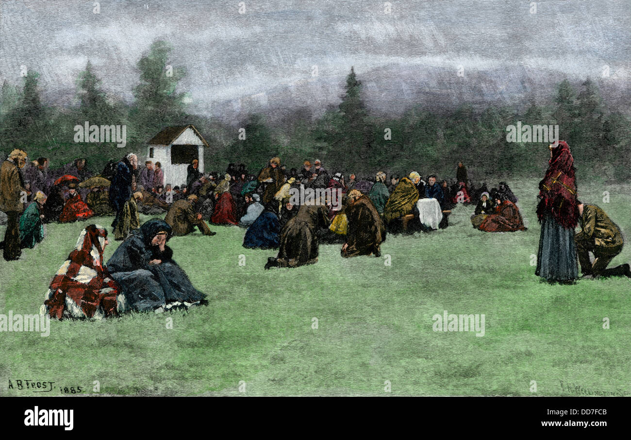 Open-air sacrament in a rural American setting, 1800s. Hand-colored engraving of an A.B. Frost illusration Stock Photo