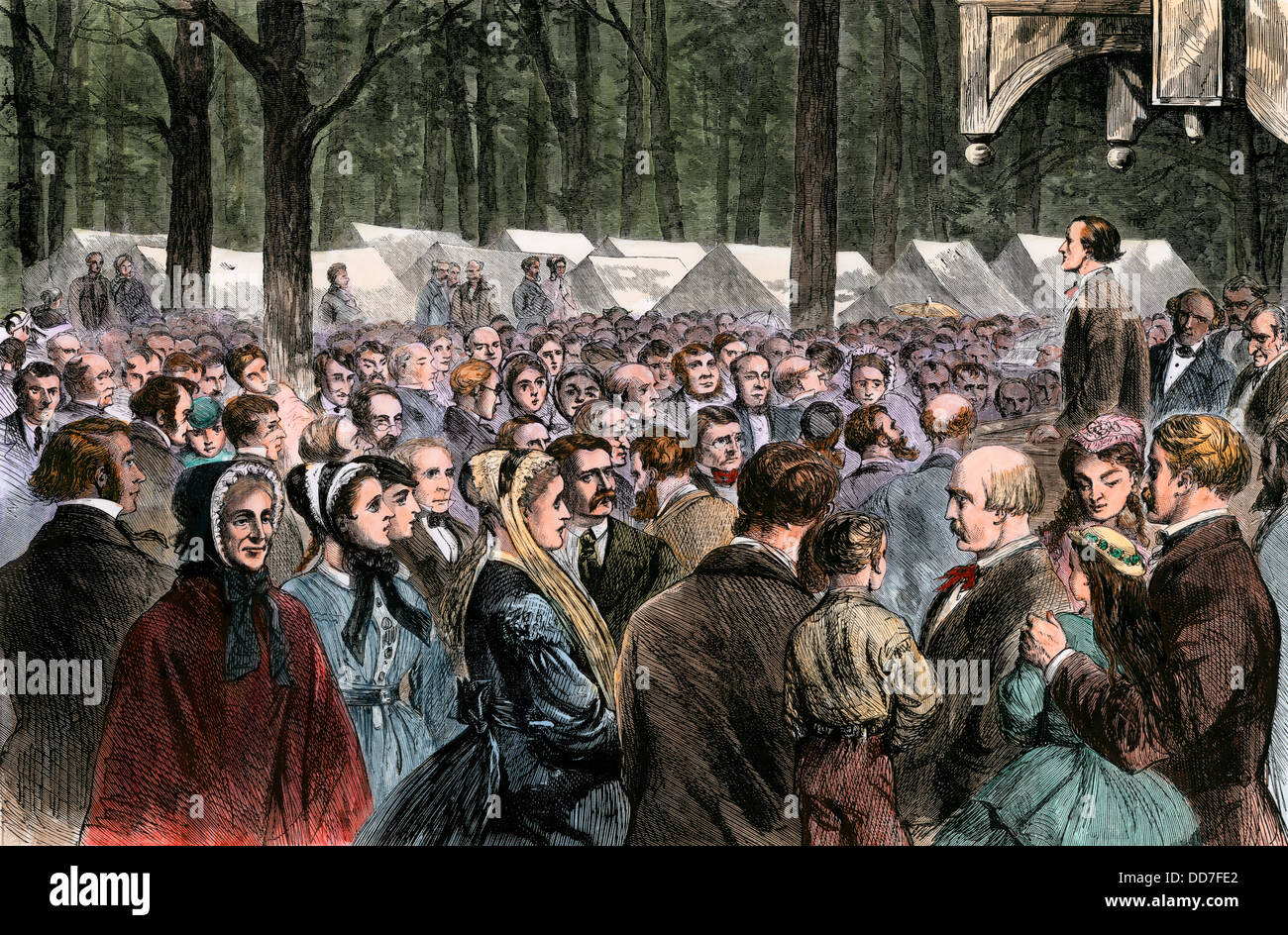 Methodist camp-meeting at Sing-Sing, New York, 1868. Hand-colored woodcut Stock Photo