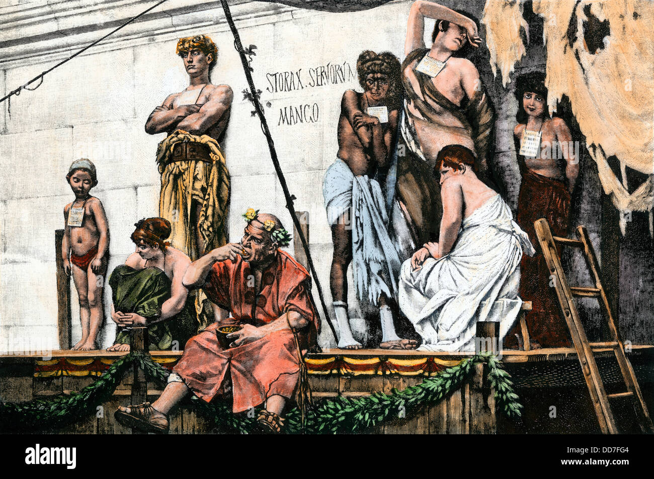 Roman captives offered for sale in a slave-market. Hand-colored woodcut Stock Photo