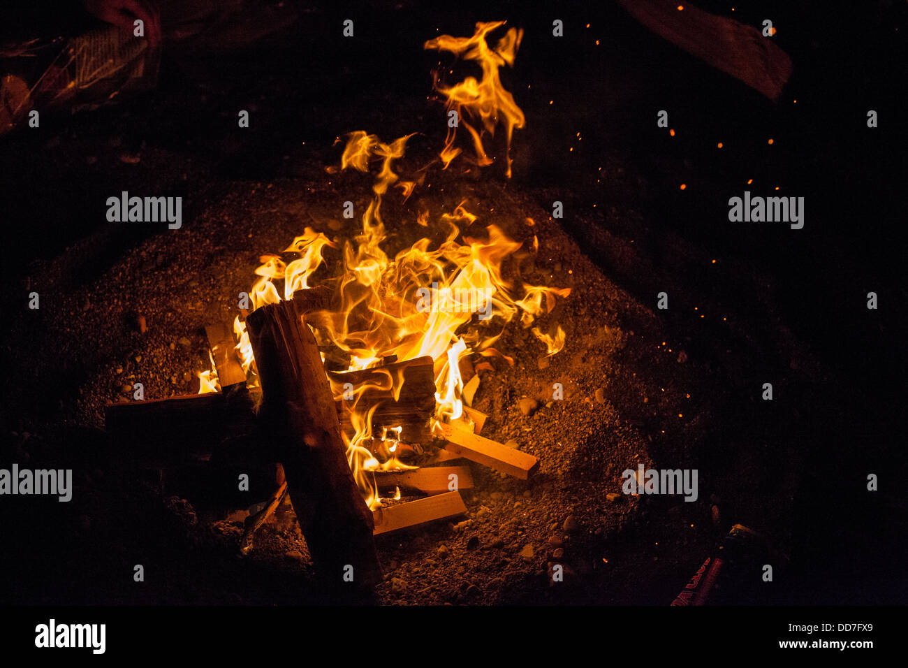 Flame in campfire at night. Stock Photo