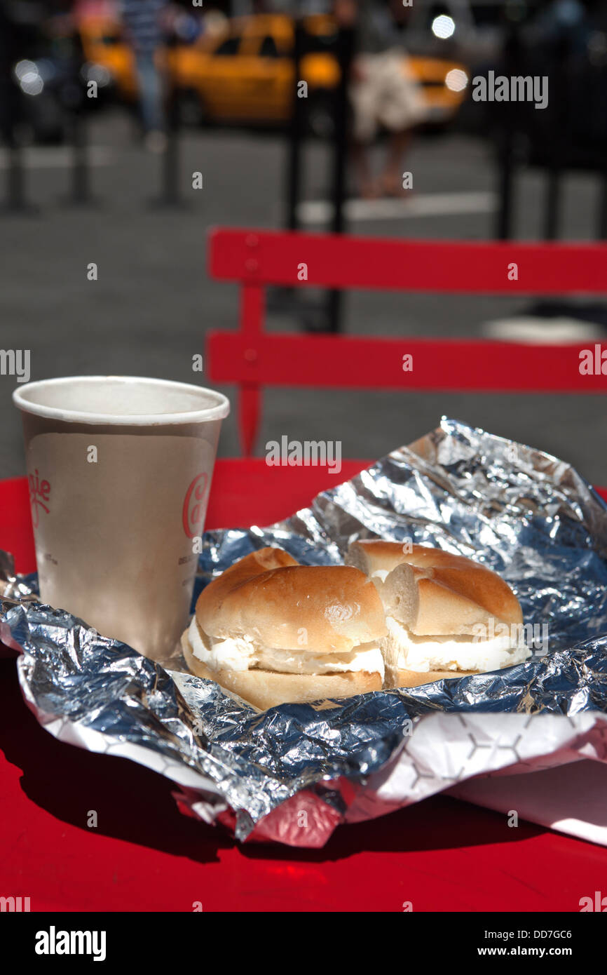 CREAM CHEESE BAGEL COFFEE BREAKFAST RED TABLE TIMES SQUARE MANHATTAN