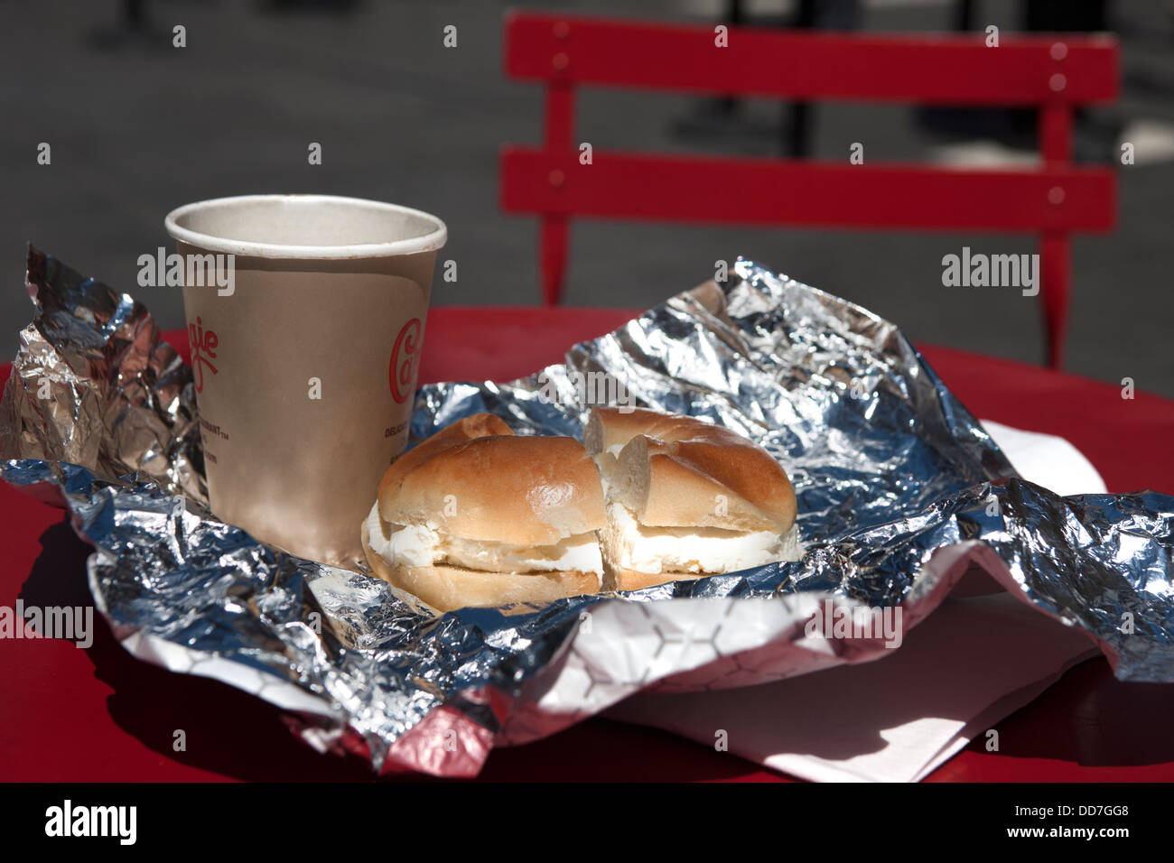 CREAM CHEESE BAGEL COFFEE BREAKFAST RED TABLE TIMES SQUARE MANHATTAN