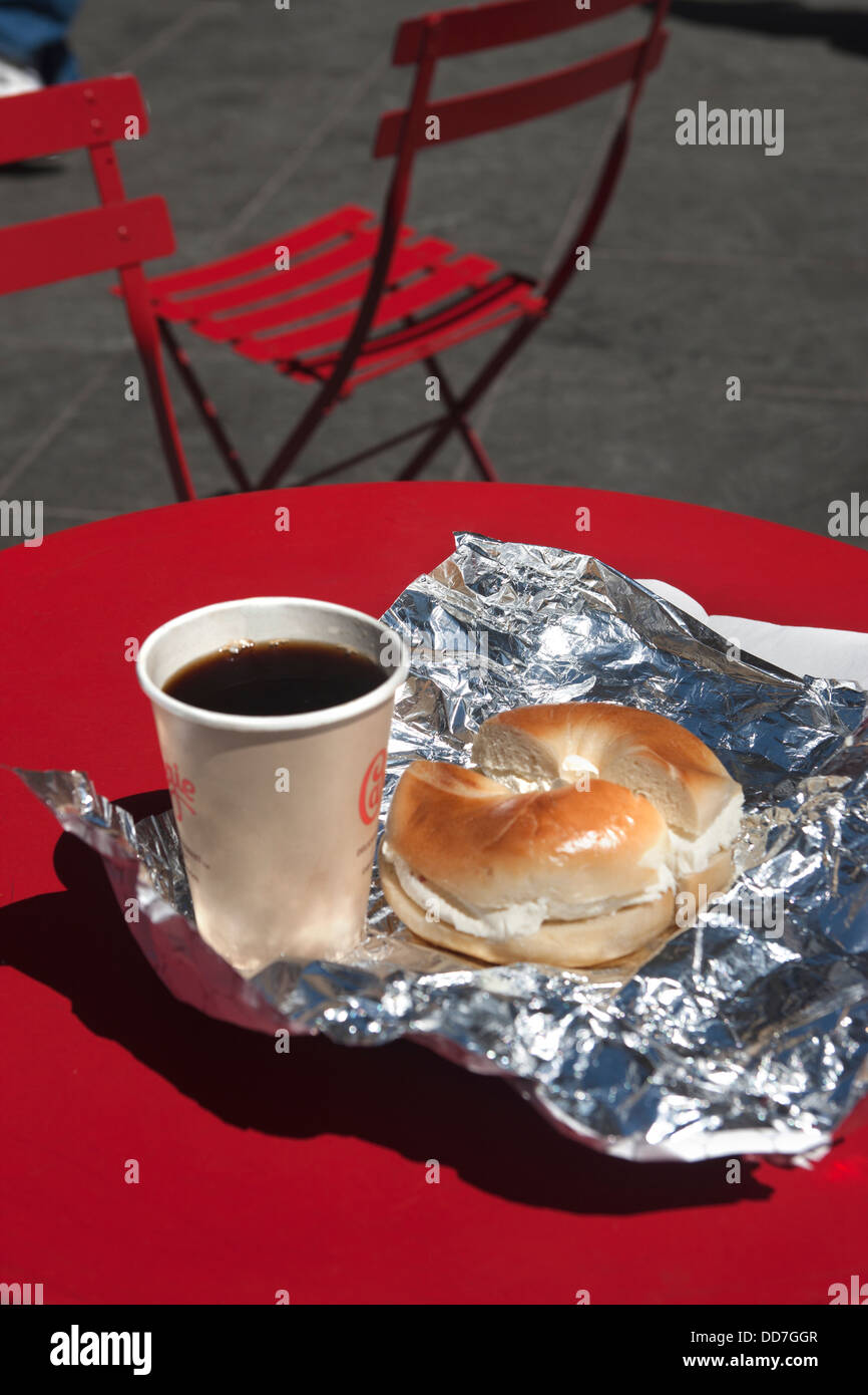 CREAM CHEESE BAGEL COFFEE BREAKFAST RED TABLE TIMES SQUARE MANHATTAN