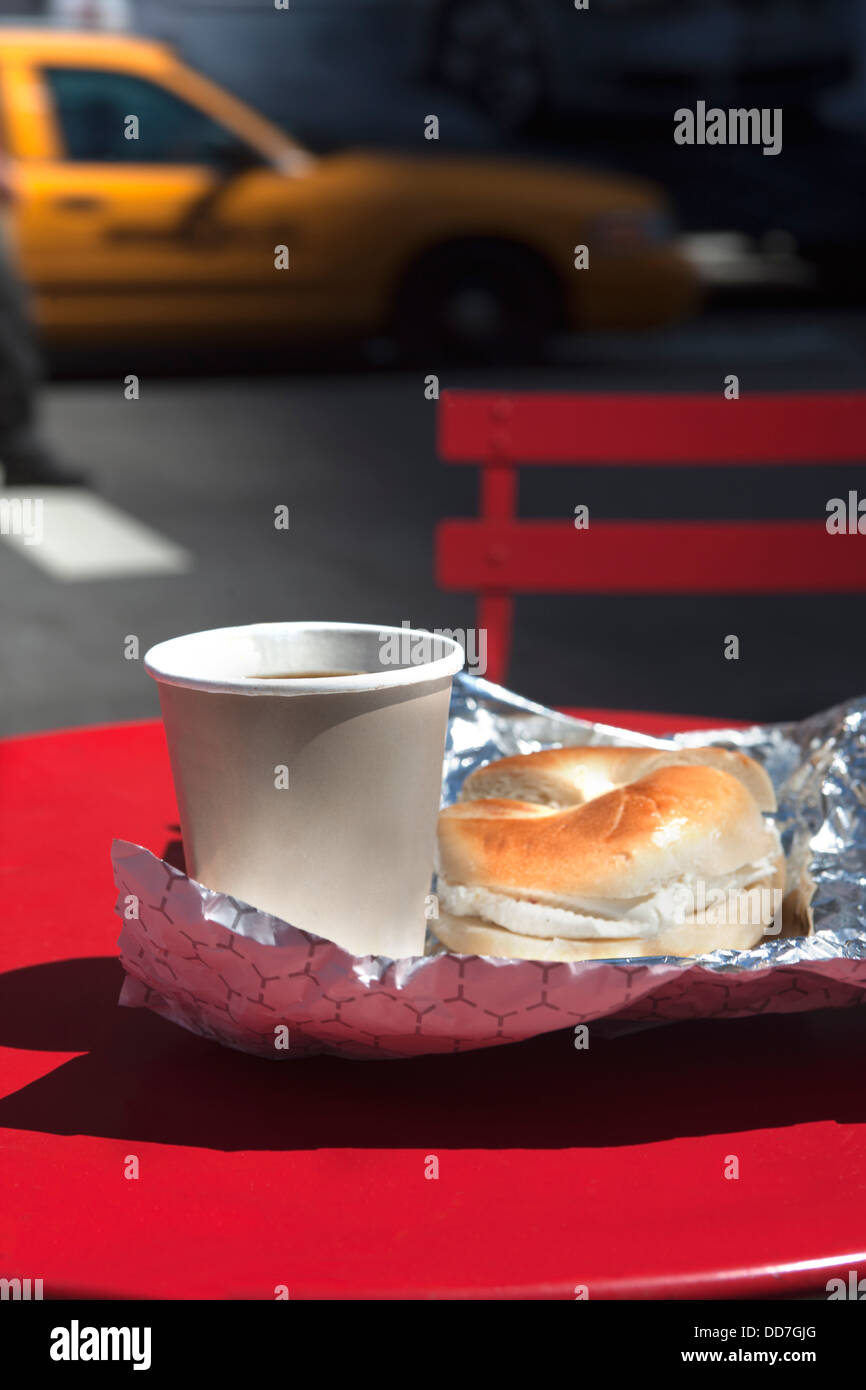 CREAM CHEESE BAGEL COFFEE BREAKFAST RED TABLE TIMES SQUARE MANHATTAN