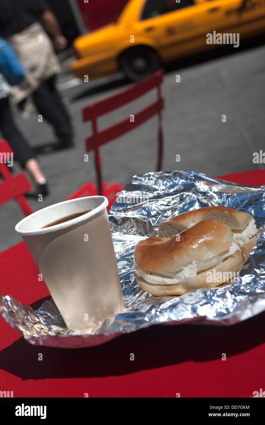 CREAM CHEESE BAGEL COFFEE BREAKFAST RED TABLE TIMES SQUARE MANHATTAN