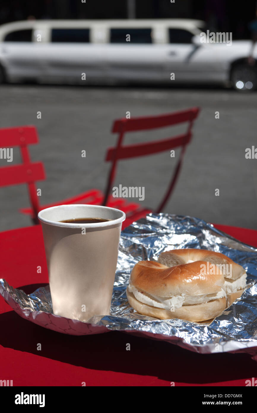 CREAM CHEESE BAGEL COFFEE BREAKFAST RED TABLE TIMES SQUARE MANHATTAN