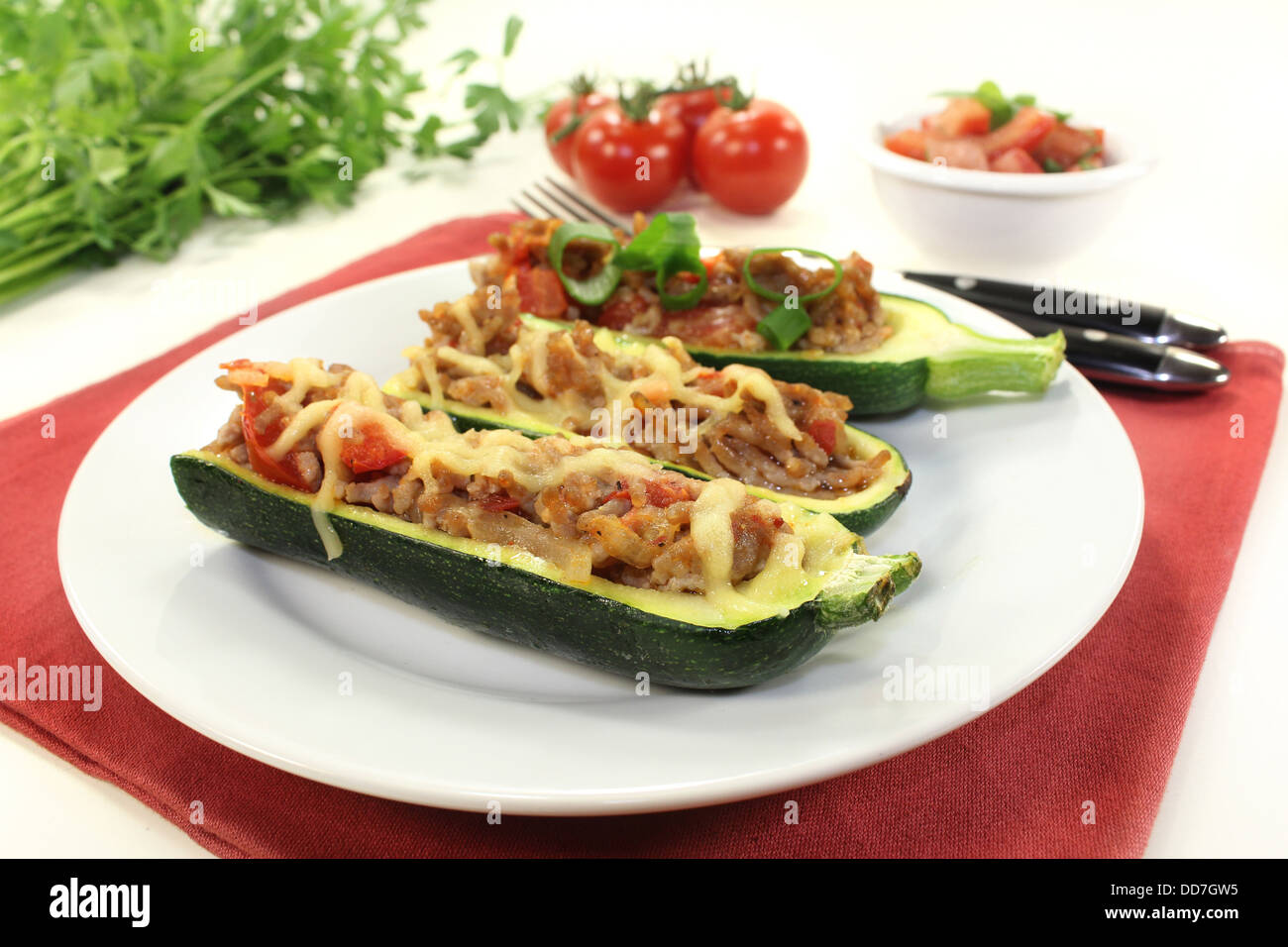 baked zucchini filled with mince meat and tomato Stock Photo Alamy