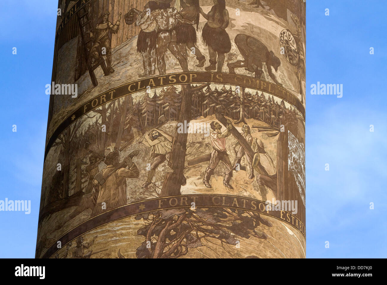 The Astoria Column is a tower overlooking the Columbia River on Coxcomb Hill at Astoria, Oregon, USA. Stock Photo