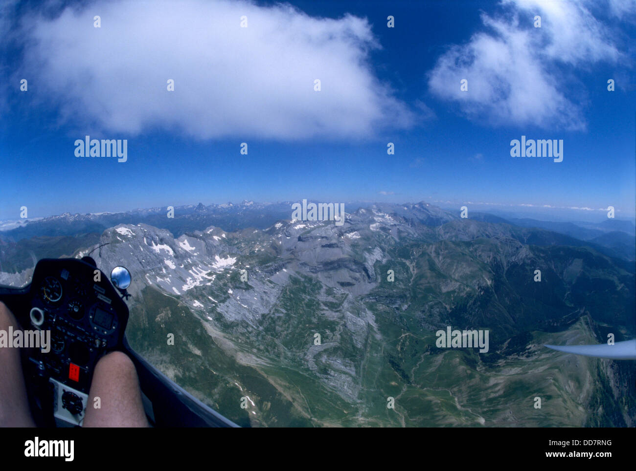 Inside view of glider plane flying over Bisaurin mountains, Aragon