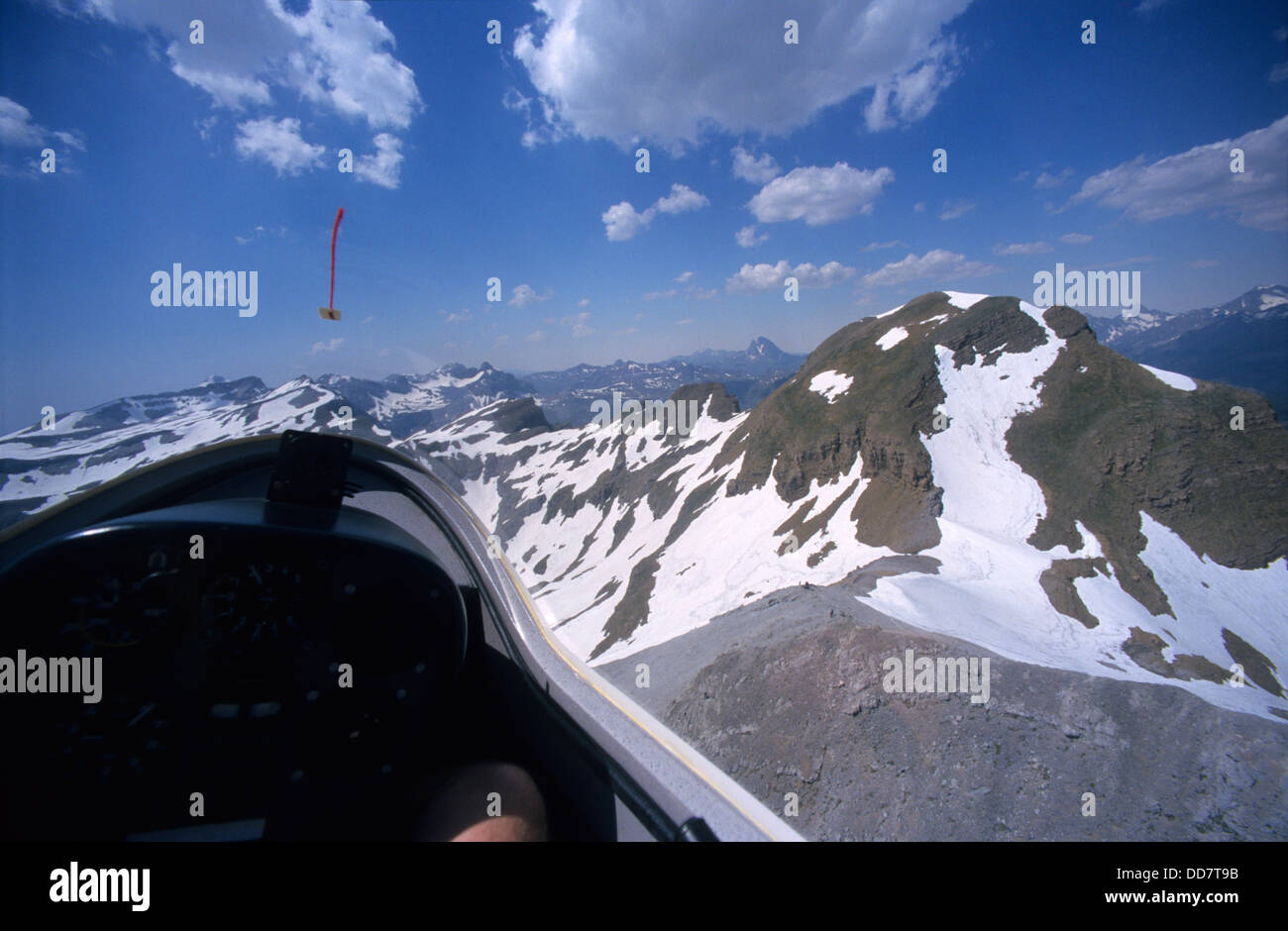 Inside view of glider plane during flight on Tendenera mountains, Aragaon, Spain Stock Photo