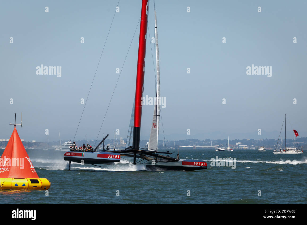 Team Luna Rossa AC 72 Sailboat crossing finish line, Louis Vuitton Cup race San Franciso Bay Stock Photo