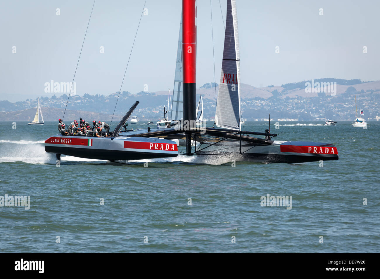Team Luna Rossa in action on AC 72 Sailboat in  Louis Vuitton Cup race San Franciso Bay on August 21, 2013 Stock Photo