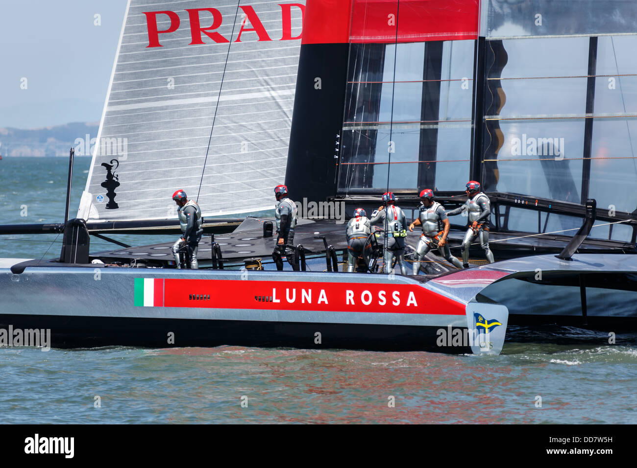 Close-up as Team Luna Rossa races by in AC 72 Sailboat in Louis Vuitton Cup race on San Francisco Bay, August 21, 2013 Stock Photo