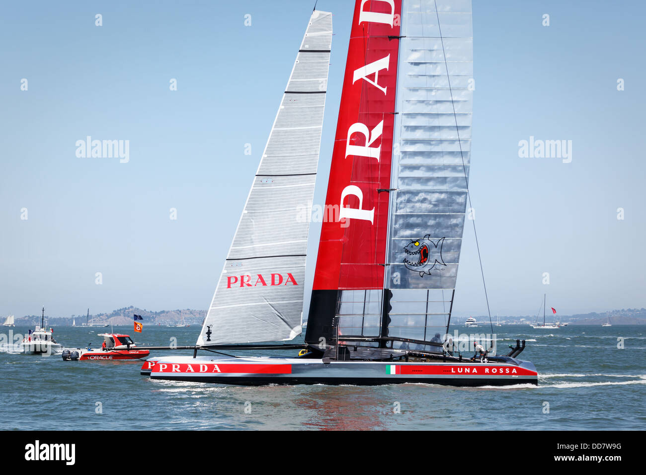 Team Luna Rossa races by in AC 72 Sailboat in Louis Vuitton Cup race on San Francisco Bay, August 21, 2013 Stock Photo