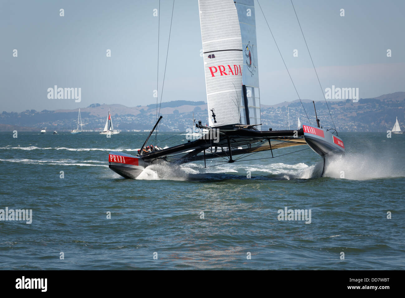 Team Luna Rossa AC 72 Sailboat turns on marker in Louis Vuitton Cup race  in San Franciso Bay on  August 21, 2013 Stock Photo