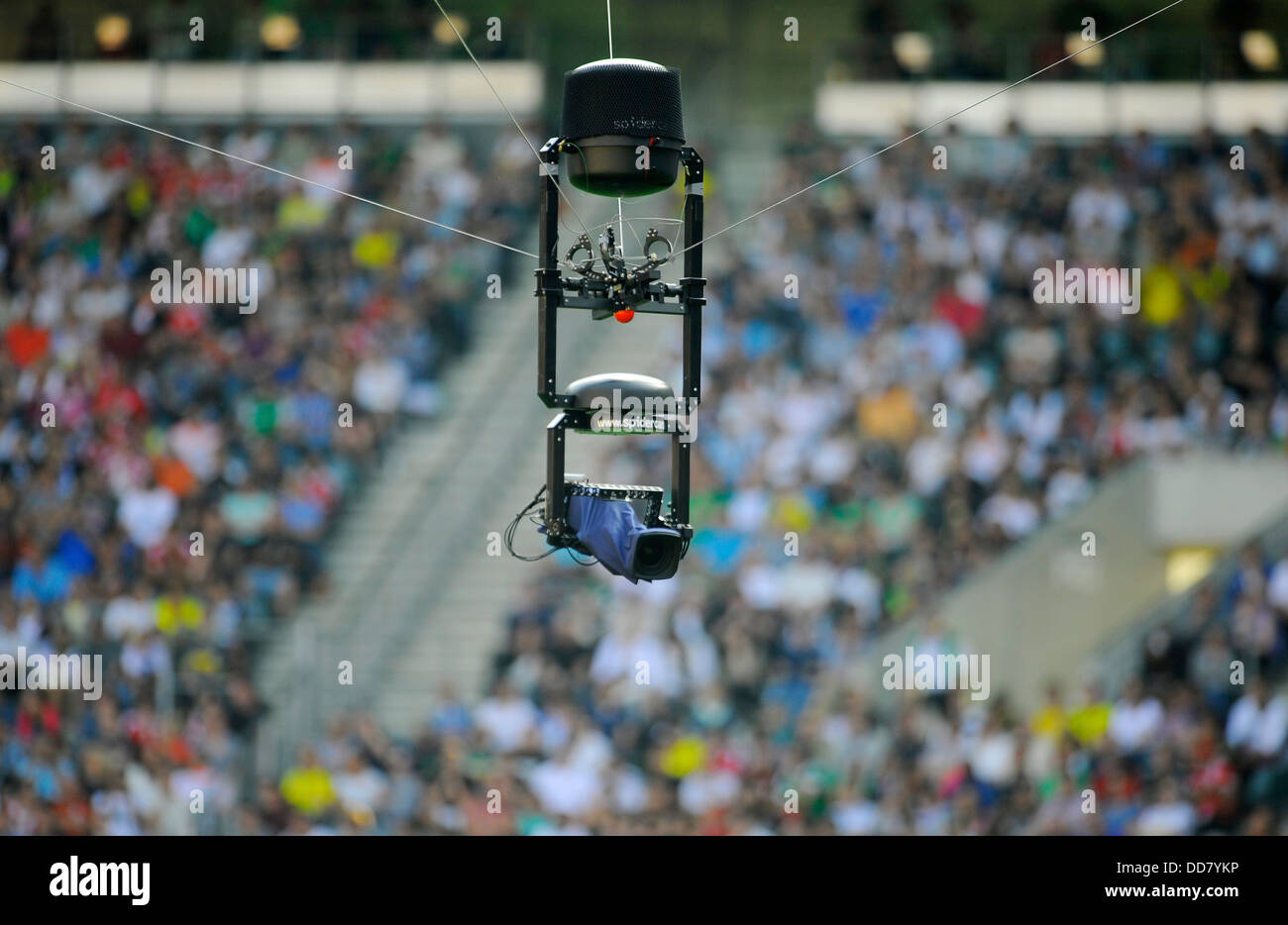 TV spidercam in sports stadium Stock Photo