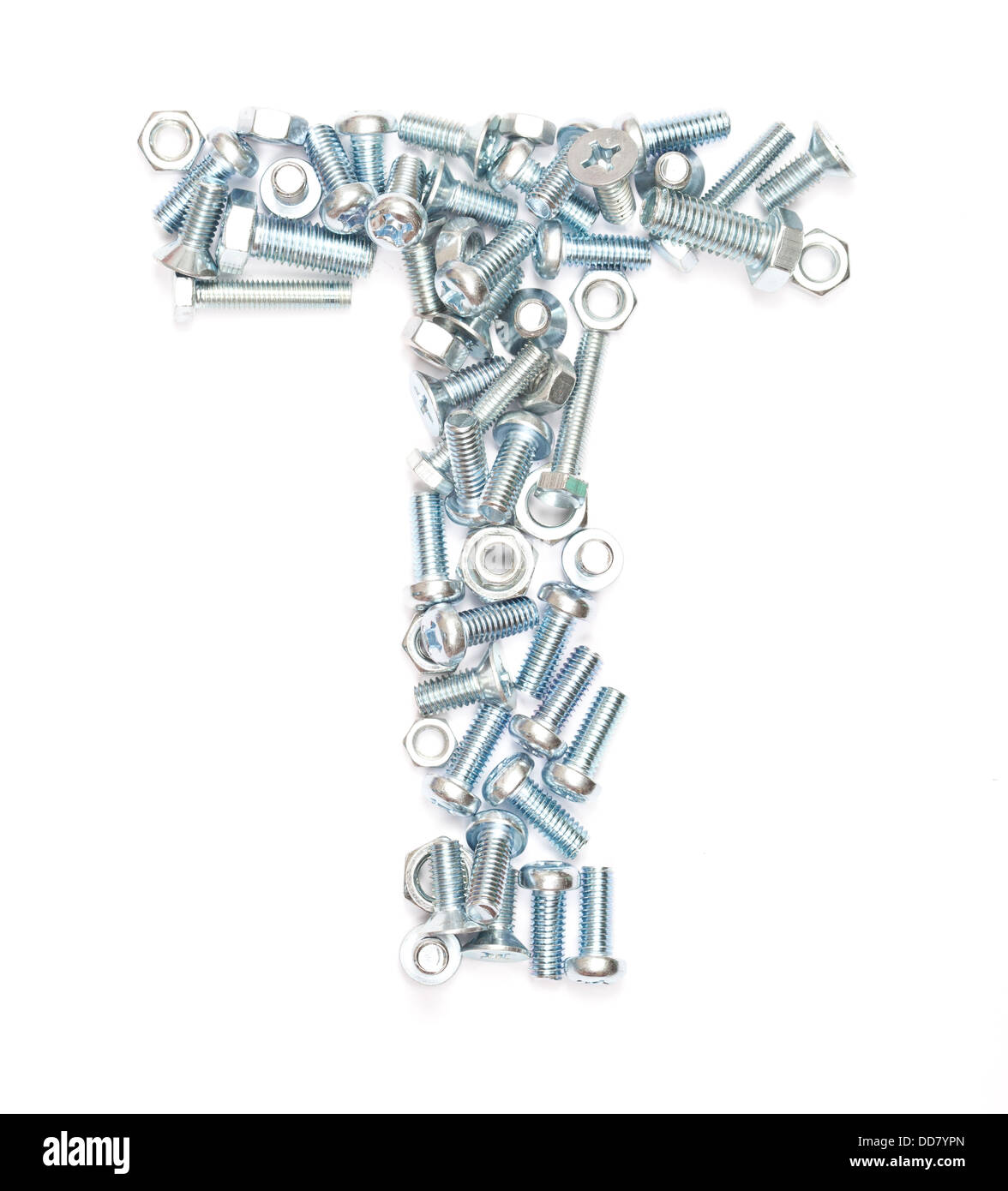 Letter T made of screws on white background Stock Photo