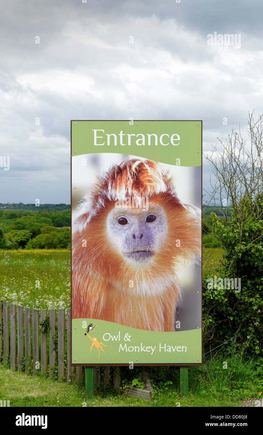 Entrance Sign, Owl and Monkey Haven, Newport, Isle of Wight, England, UK, GB. Stock Photo