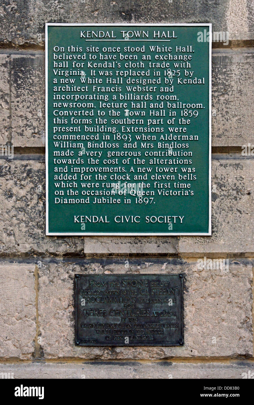 Descriptive plaques on Town Hall. Highgate, Kendal, Cumbria, England