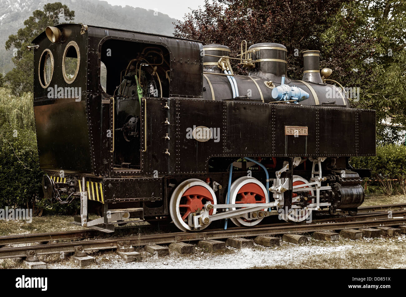 Old steam train locomotive in Puente Viesgo village Cantabria Spain. Stock Photo