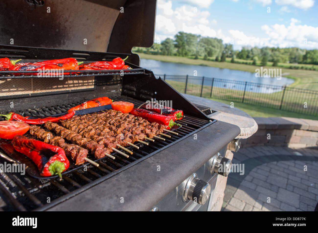 Shish Kebabs and Chillies being cooked on the barbecue Stock Photo