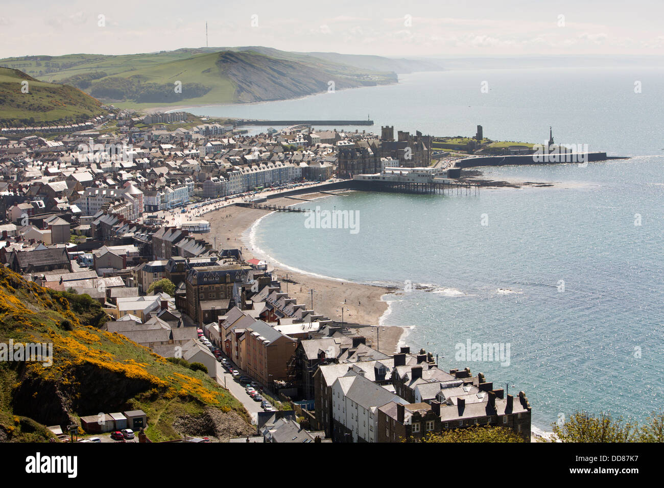 UK, Wales, Ceredigion, Aberystwyth, elevated view of seafront from Constitution Hill Stock Photo