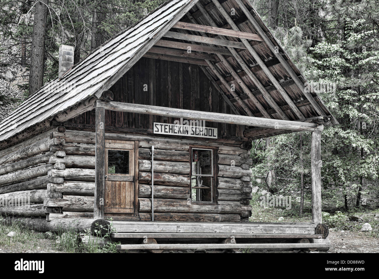 Usa Washington Stehekin View Of Log Cabin Schoolhouse Stock