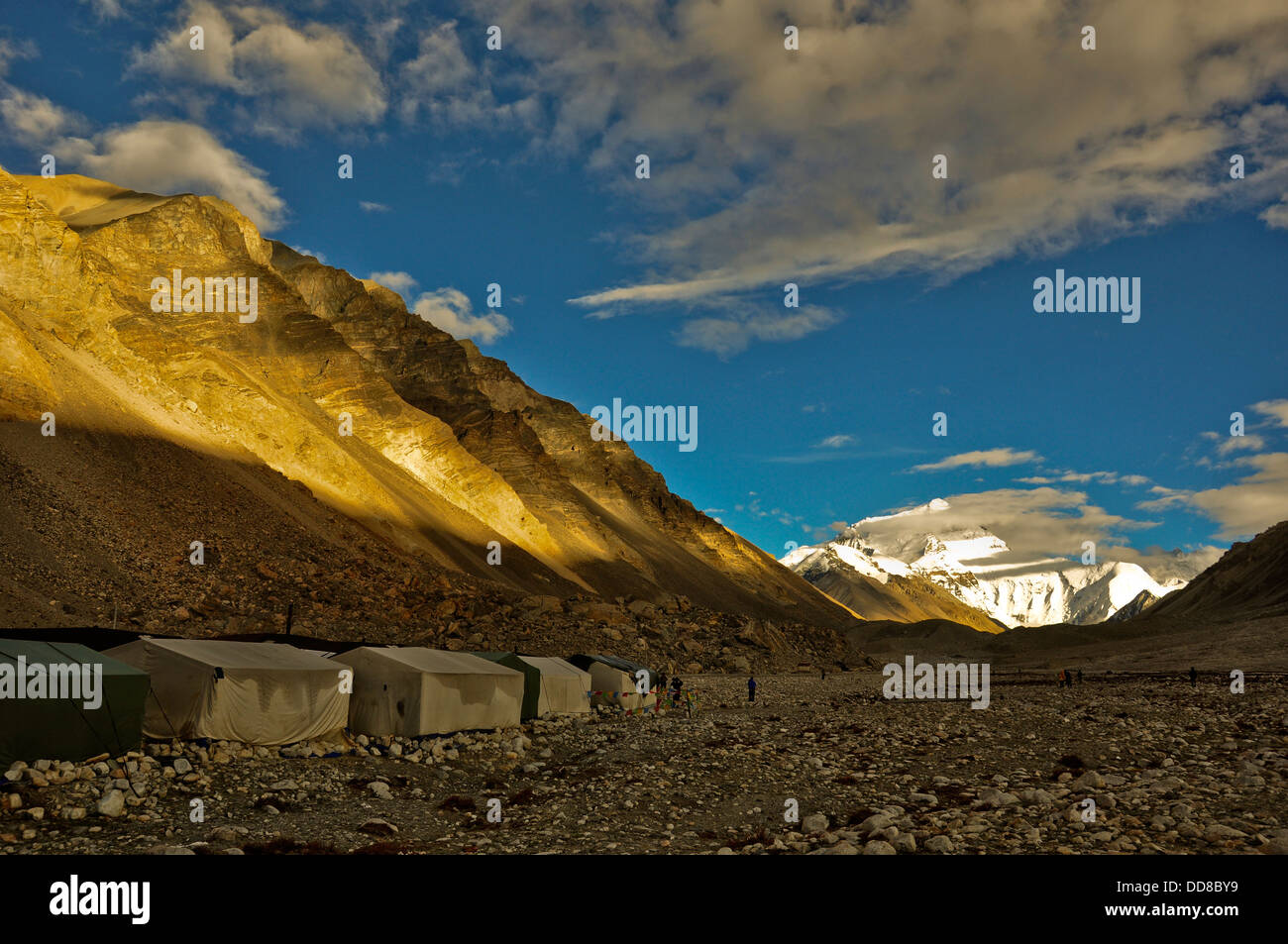 mount everest viewed from Tibet Qomolangma base camp in China Stock Photo