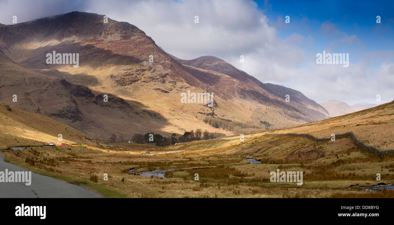 UK, Cumbria, Lake District, High Stile above road from Honister Pass to Buttermere, panoramic Stock Photo