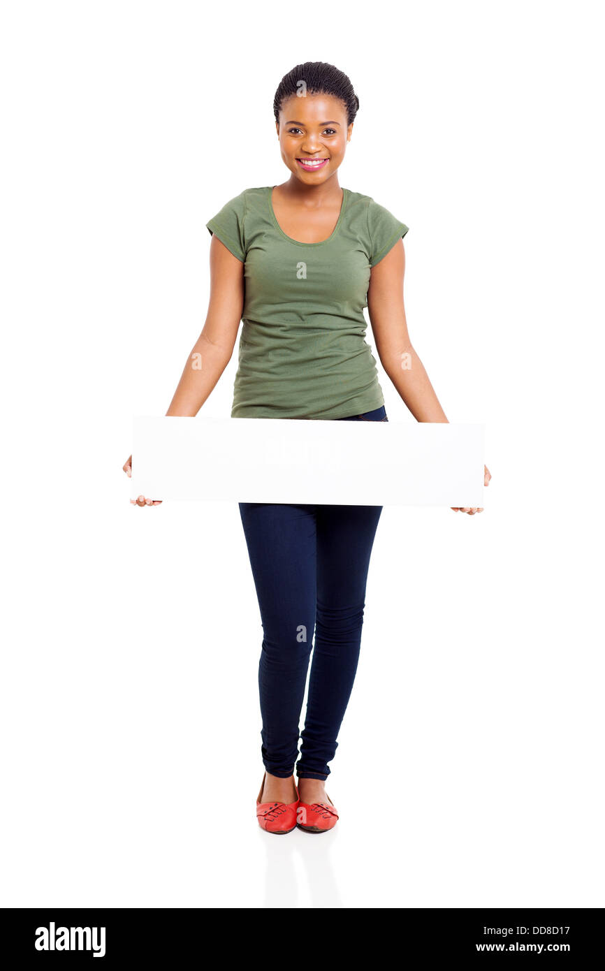 happy young African woman holding blank board on white background Stock ...