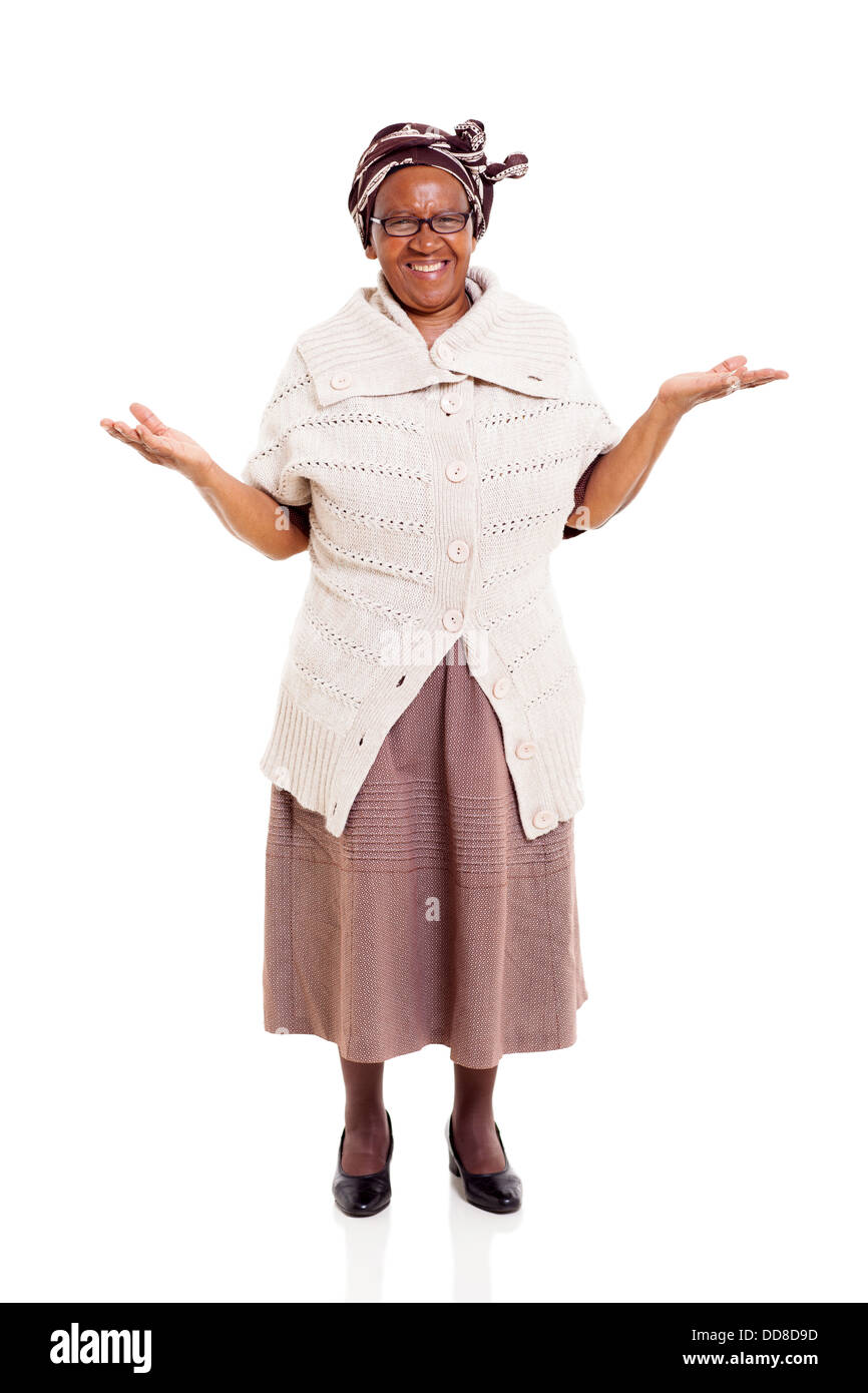 beautiful senior African woman with open arms over white background Stock Photo
