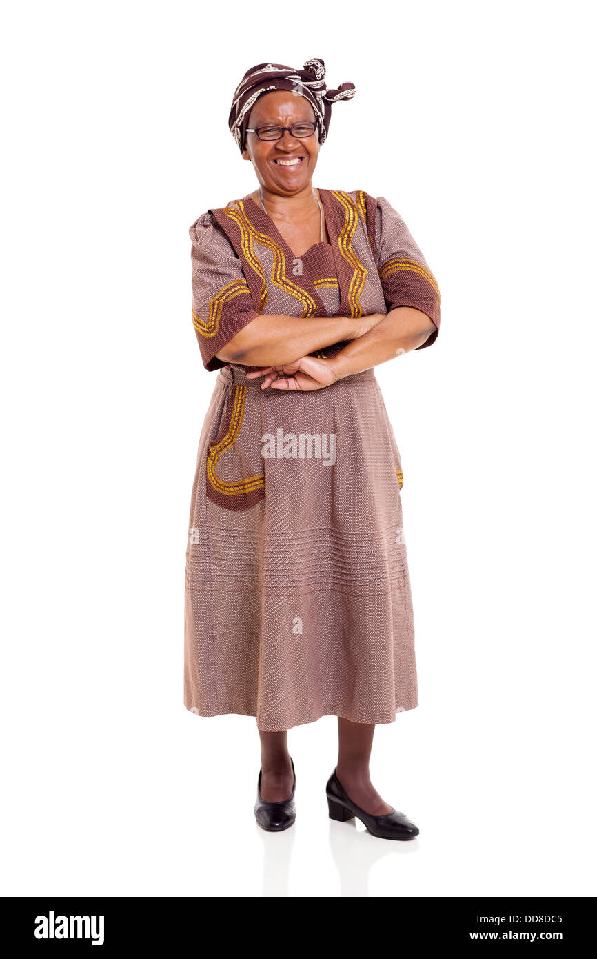 cheerful senior African woman with arms crossed over white background Stock Photo