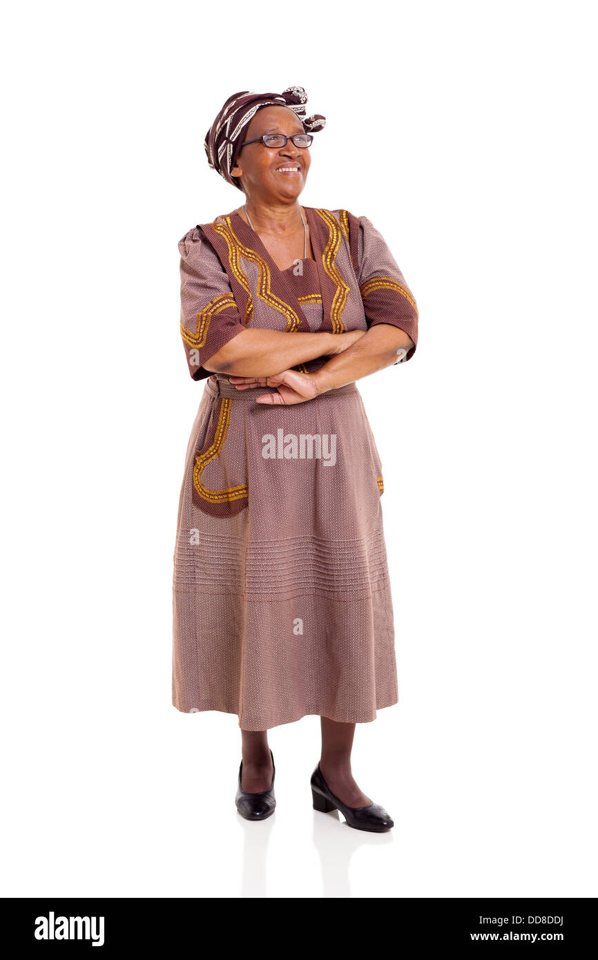 happy senior African woman with arms crossed looking up Stock Photo