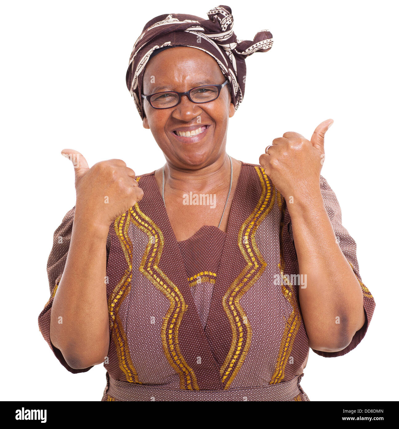 senior African woman giving two thumbs up as sign of approval Stock Photo