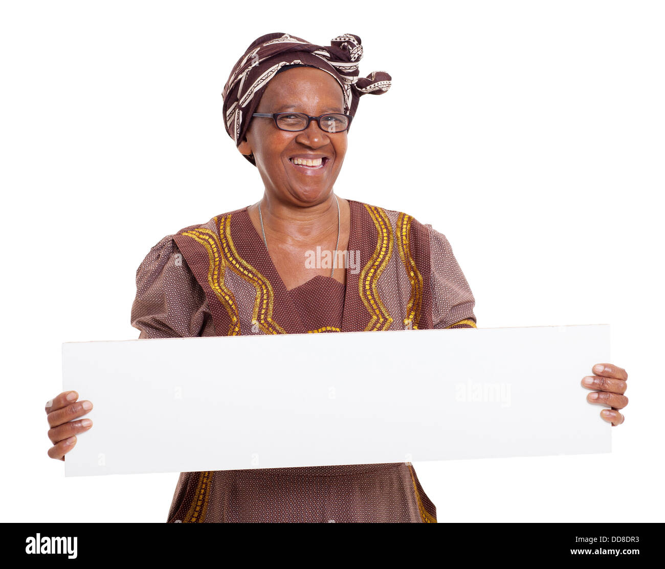 senior African woman holding blank banner on white background Stock ...