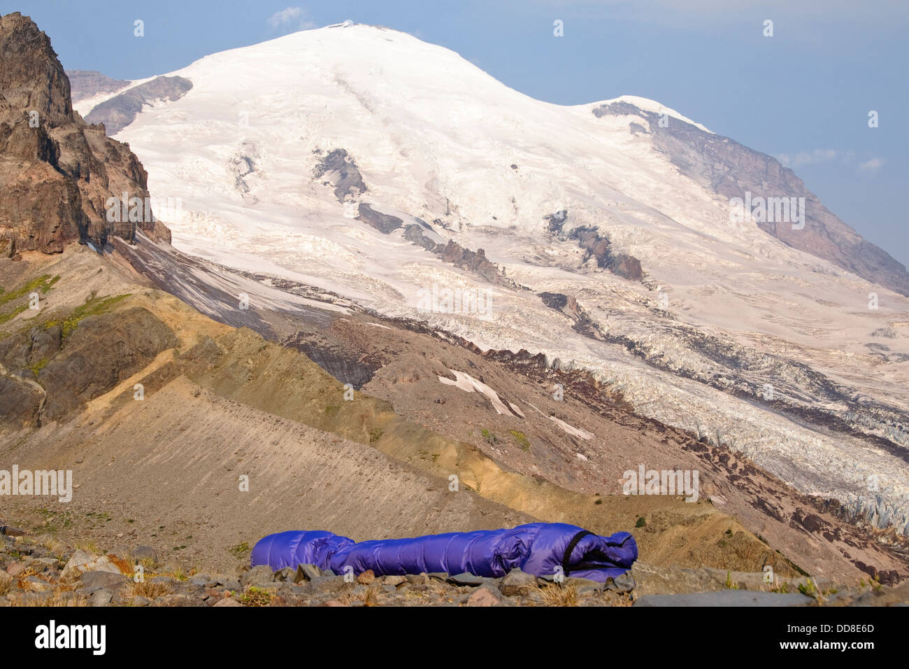 Sleeping bag on exposed ridge, Mount Rainier National Park Stock Photo
